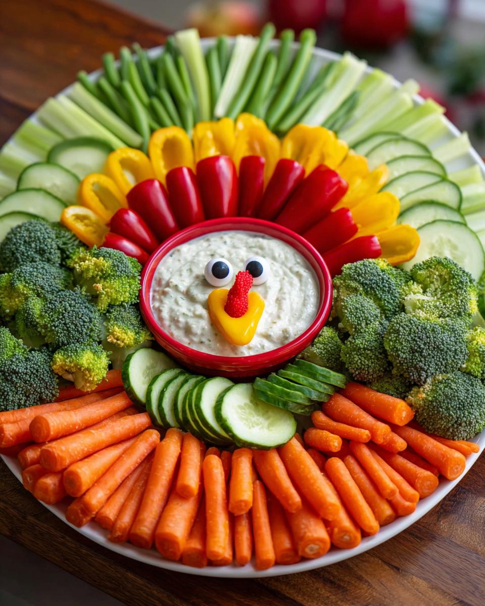 A fun Thanksgiving veggie tray arranged in the shape of a turkey, featuring carrots, broccoli, cucumbers, bell peppers, and dip.