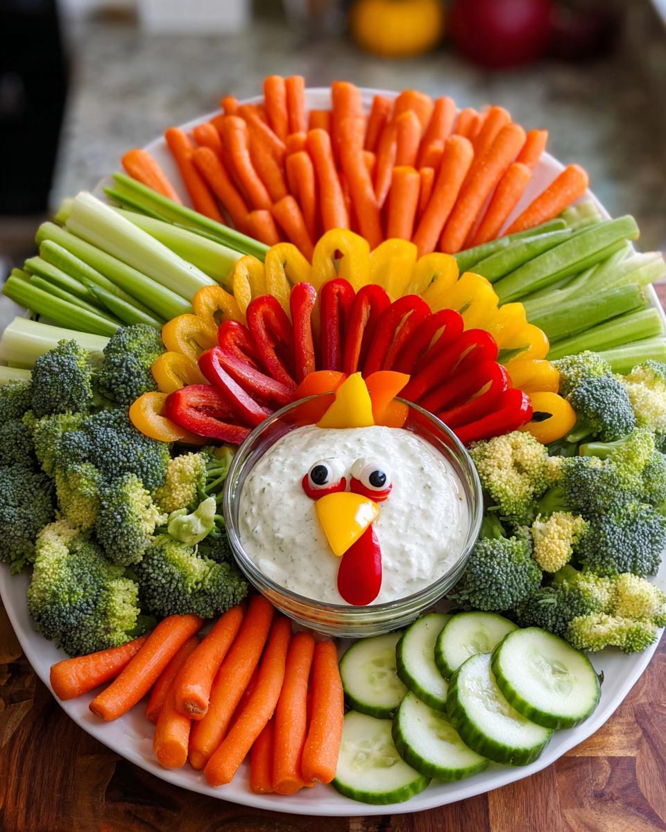 A festive Thanksgiving veggie tray arranged in the shape of a turkey, featuring a dip as the turkey's head with veggie decorations.