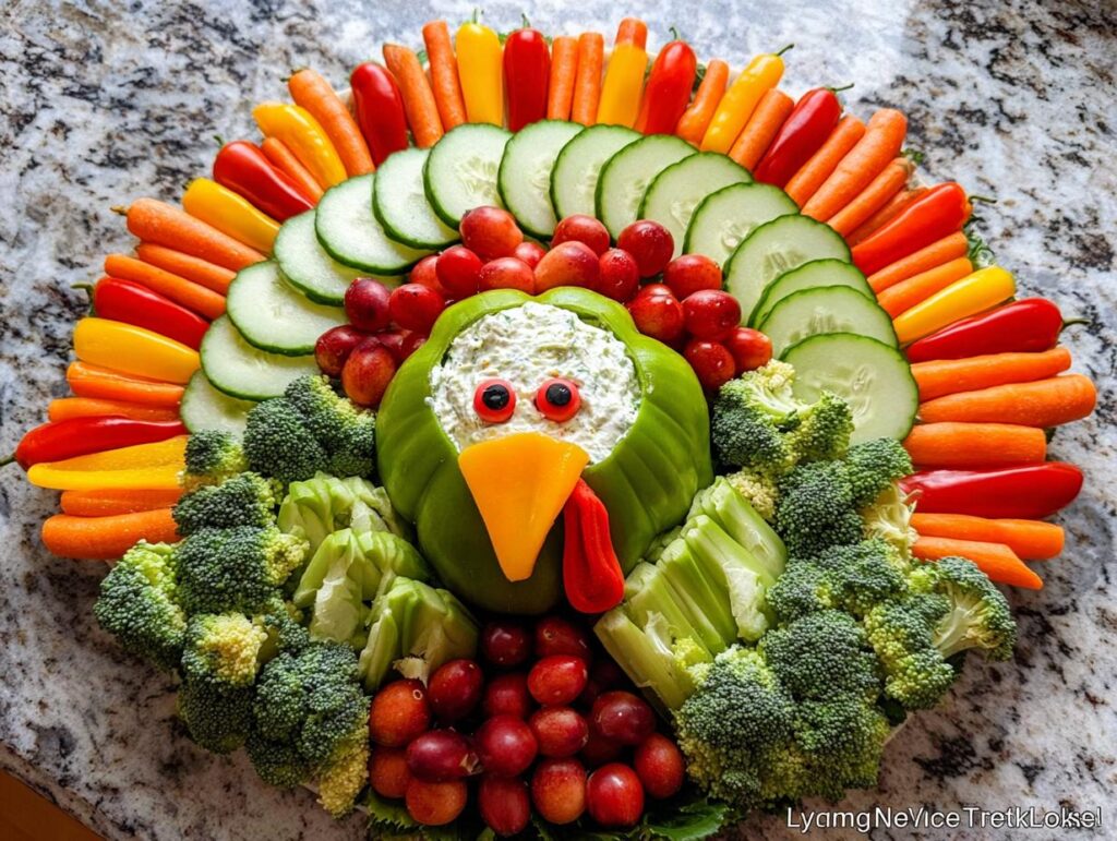 A festive Thanksgiving veggie tray arranged in the shape of a turkey, featuring a variety of colorful vegetables.