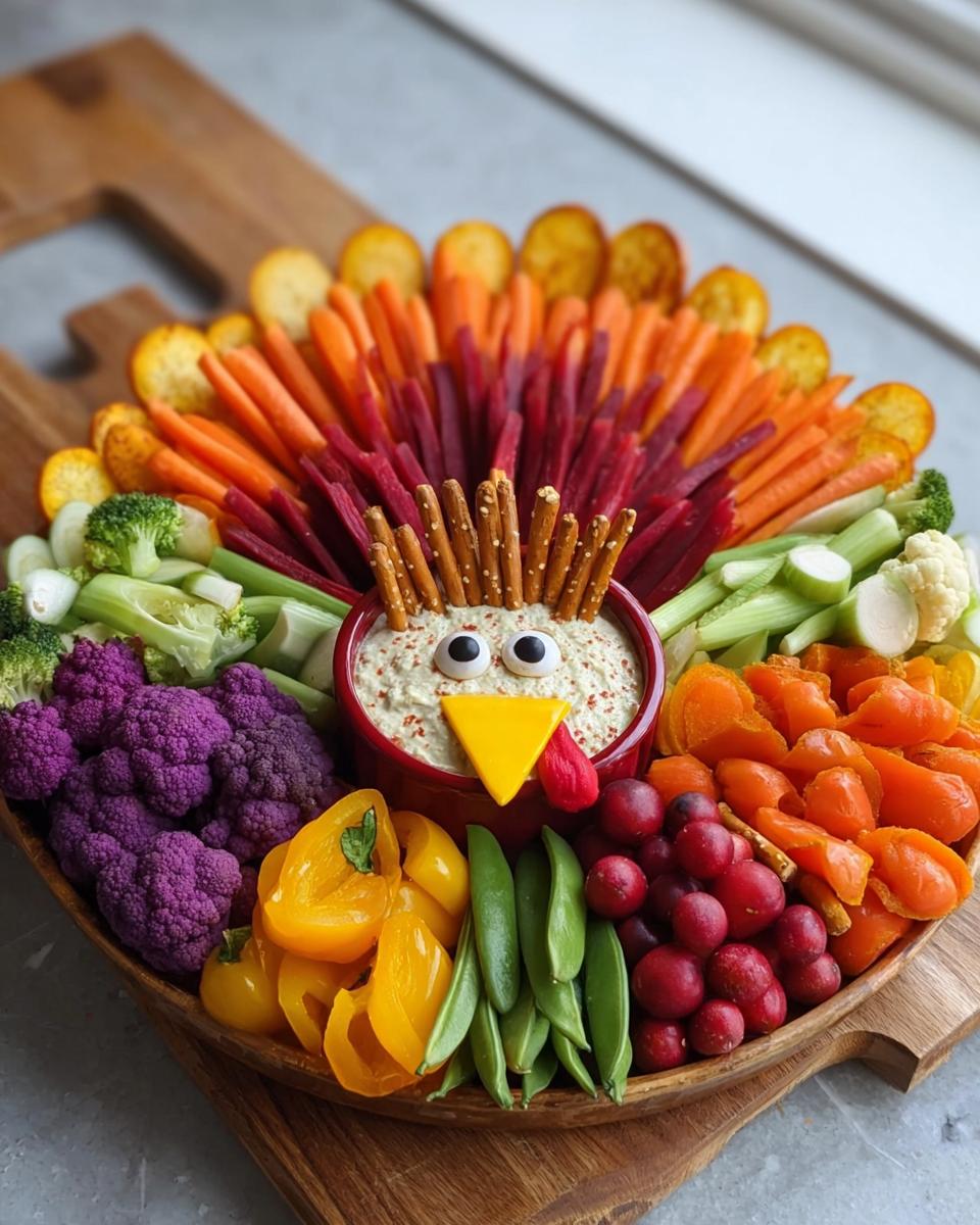 A festive Thanksgiving veggie tray arranged in the shape of a turkey, featuring a dip bowl as the head and colorful vegetables as feathers.
