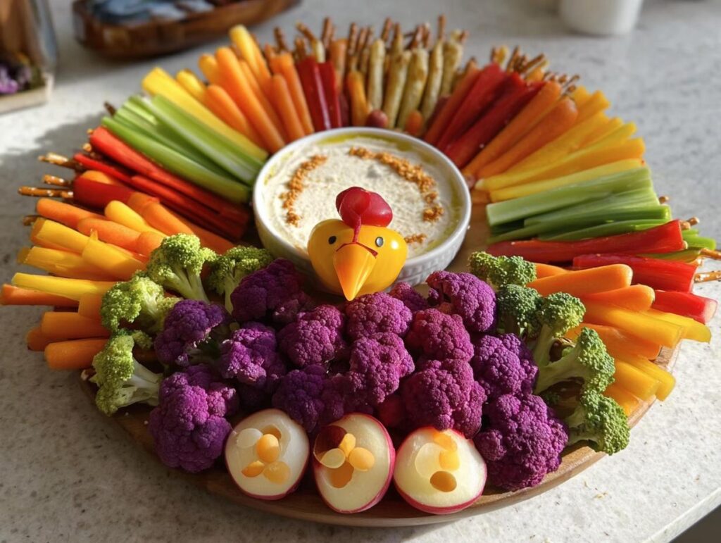 A colorful Thanksgiving veggie tray featuring a variety of fresh vegetables arranged around a bowl of dip, with a turkey-shaped decoration.