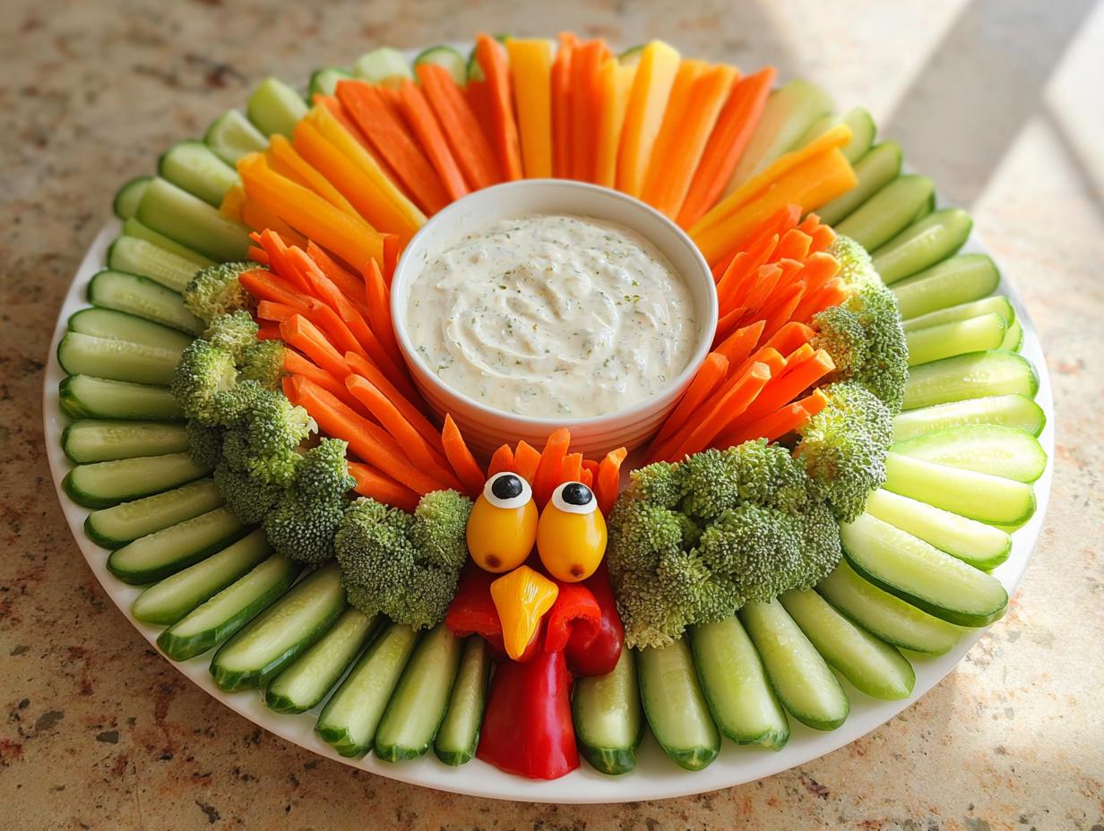 Thanksgiving Veggie Tray Recipe arranged in a turkey shape with cucumber, carrot, broccoli, and dip.