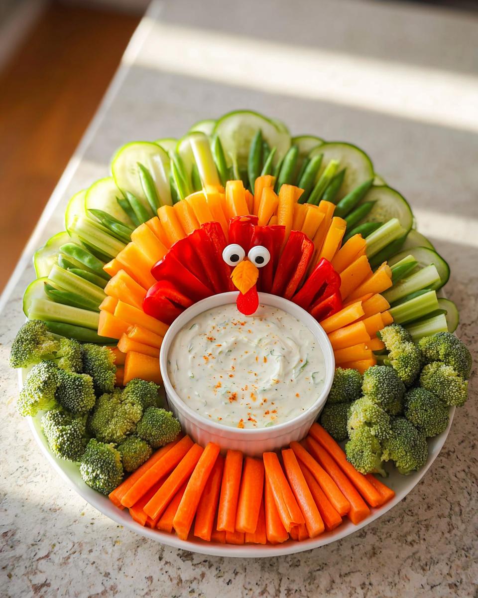 A festive Thanksgiving Veggie Tray Recipe arranged in the shape of a turkey, featuring various colorful vegetables and dip.