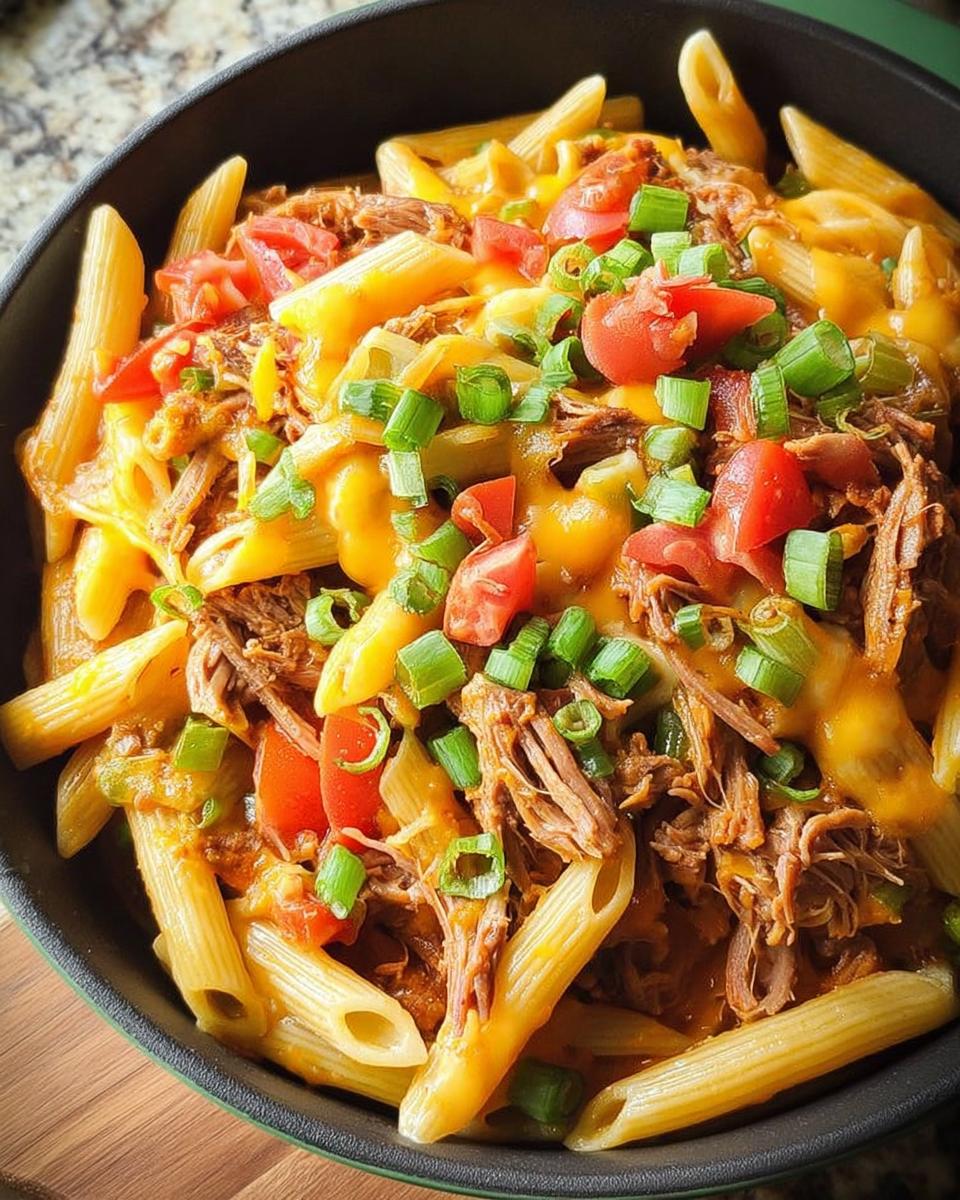 A close-up of a hearty pasta dish with pulled pork, melted cheese, diced tomatoes, and green onions, perfect for quick dinner recipes.