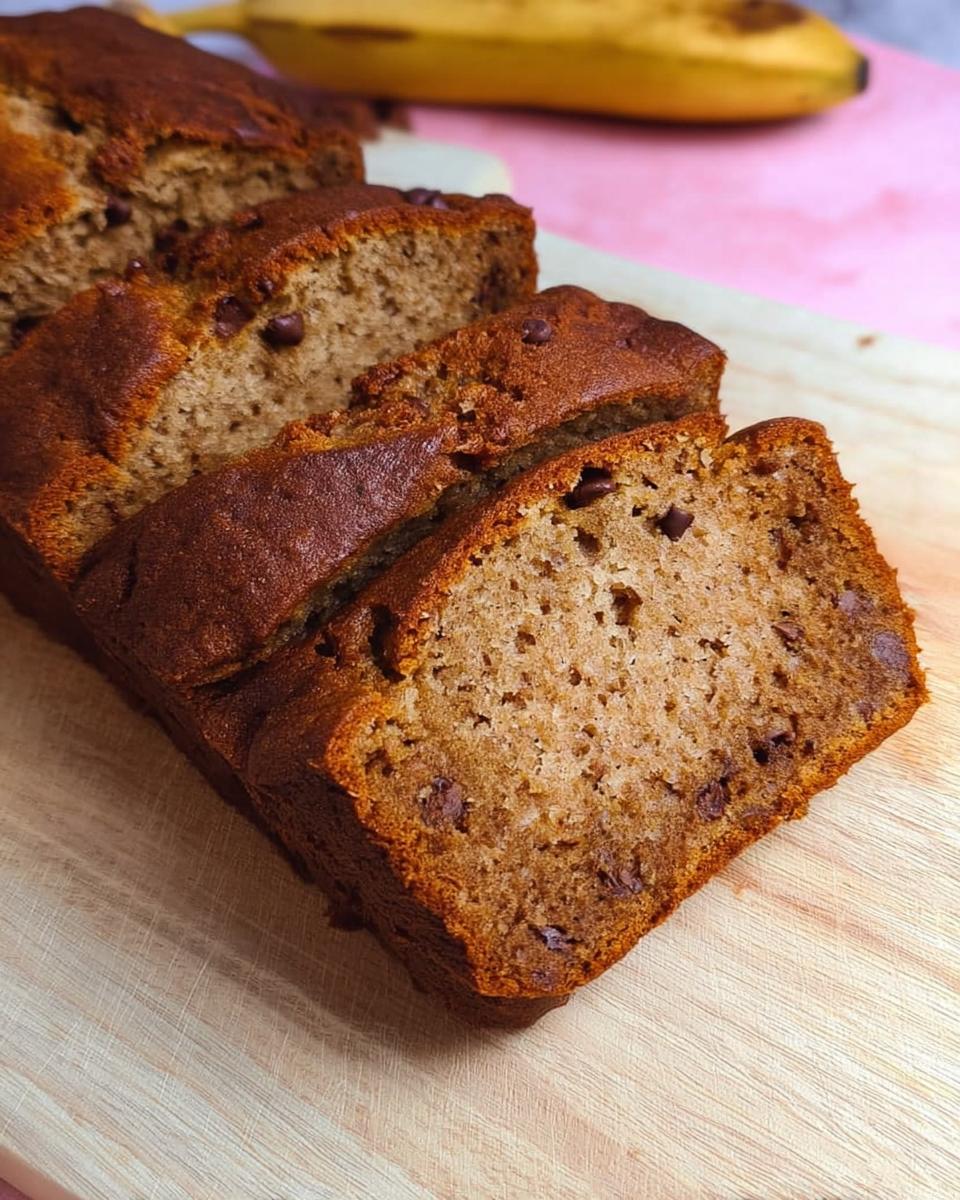 Close-up of sliced 5-Ingredient Banana Bread with visible chocolate chips on a wooden cutting board.