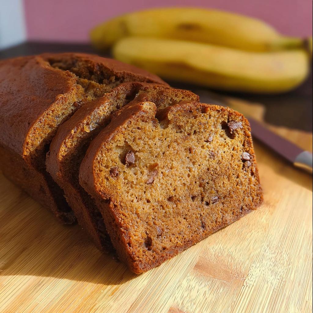 Close-up of sliced 5-Ingredient Banana Bread with chocolate chips on a wooden board, with bananas in the background.