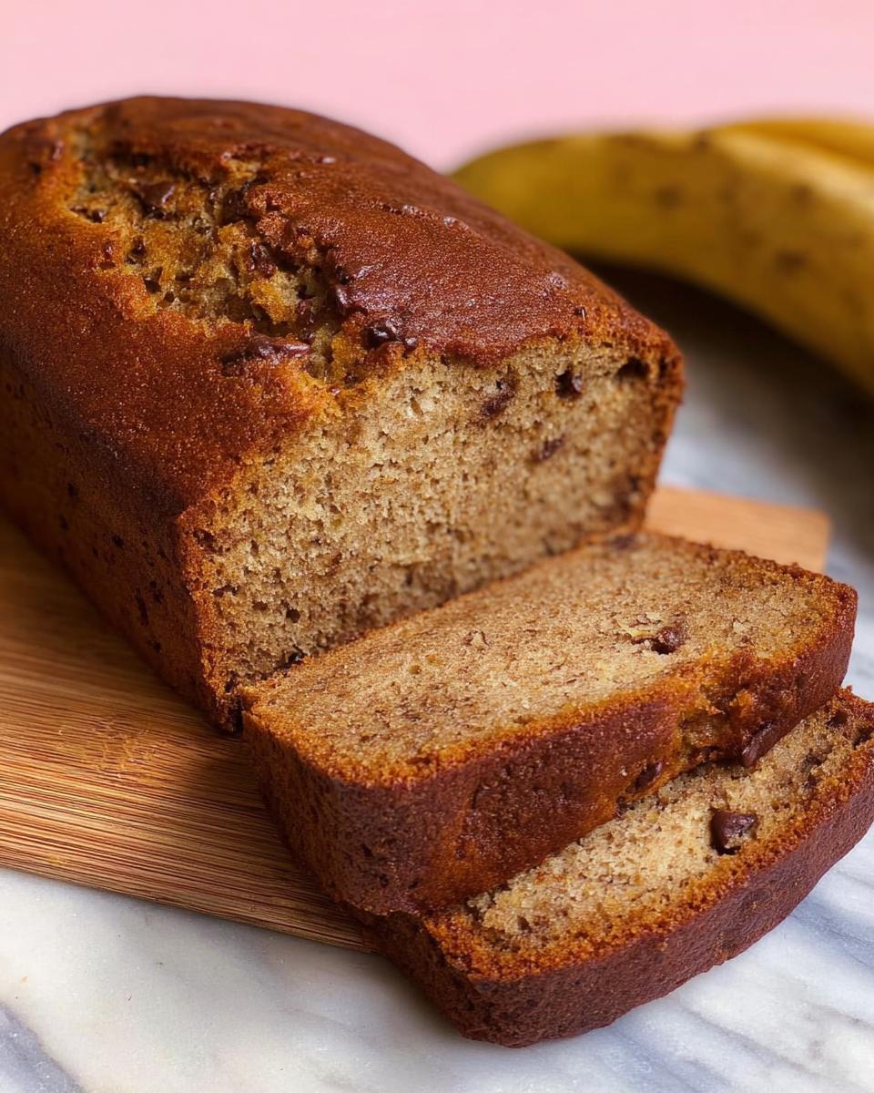 Close-up of delicious 5-Ingredient Banana Bread, with two slices cut and on a wooden board.