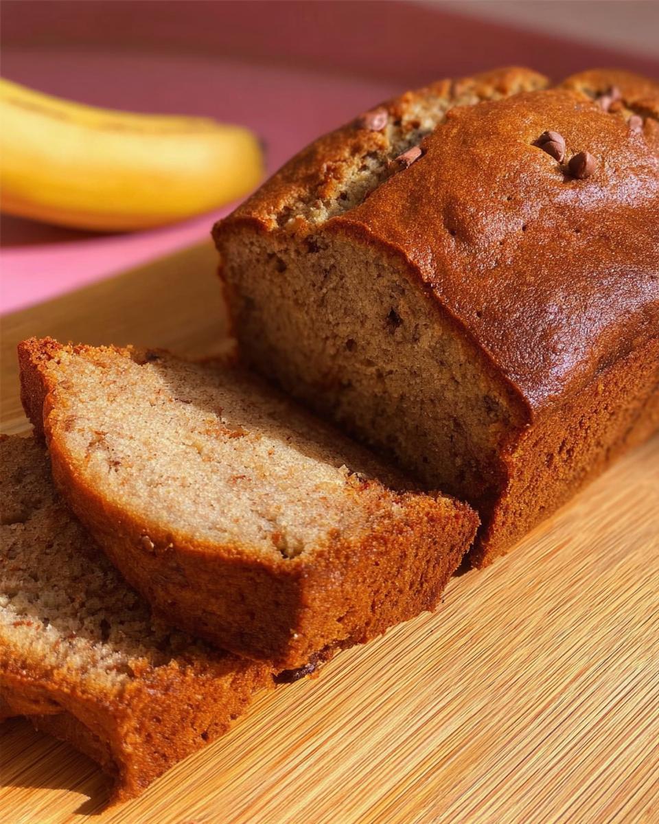 Close-up of sliced 5-Ingredient Banana Bread on a wooden cutting board with a banana in the background.