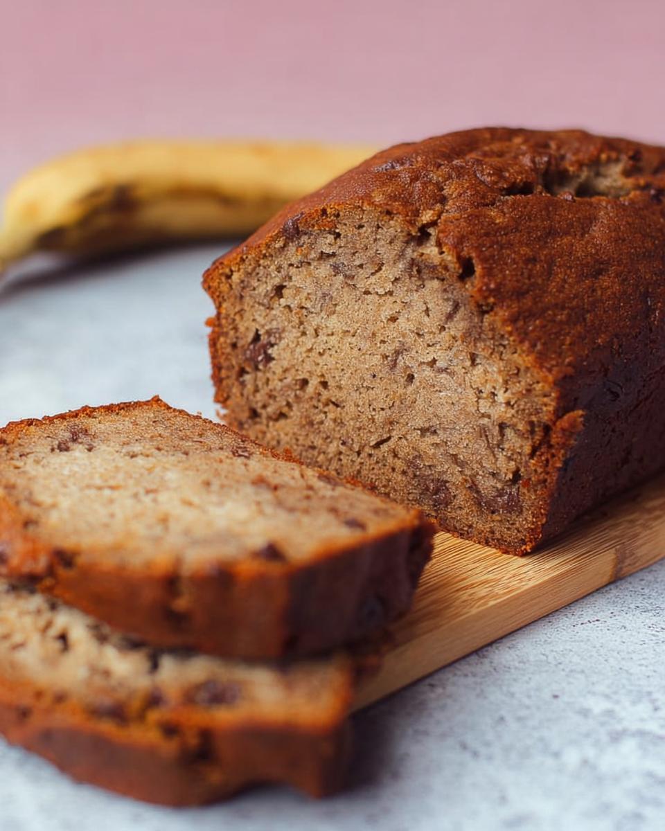 Close-up of two slices of moist 5-Ingredient Banana Bread next to the loaf on a wooden board.