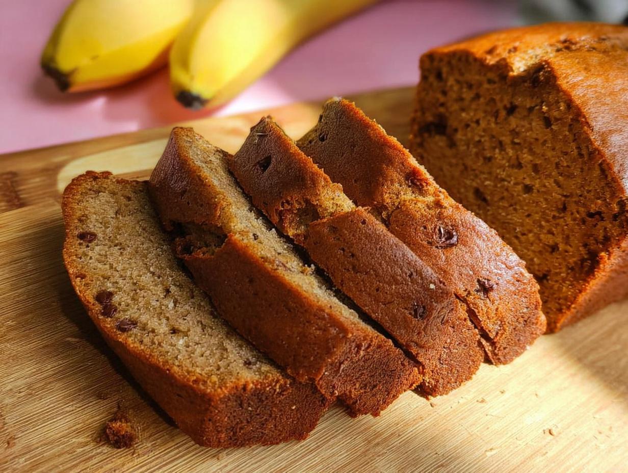 Close-up of sliced 5-Ingredient Banana Bread on a wooden board with bananas in the background.