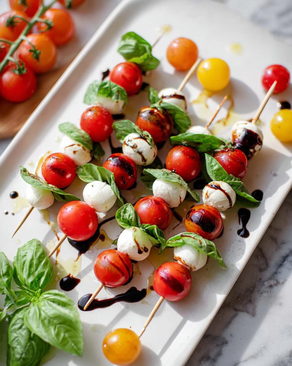 Several 5-Ingredient Caprese Skewers featuring cherry tomatoes, mozzarella balls, and basil drizzled with balsamic glaze.