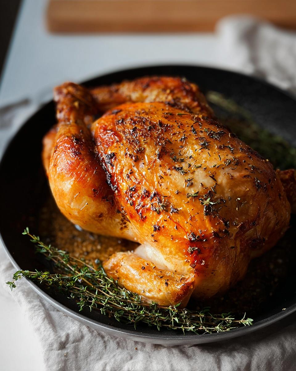 A golden-brown roasted 5-Ingredient Chicken (No Fail) in a pan, seasoned with herbs and spices.
