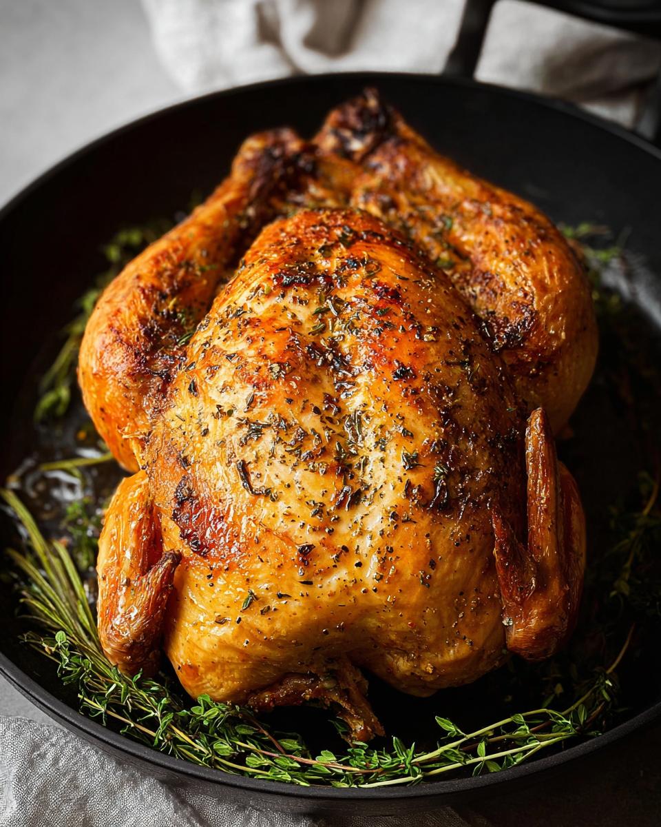 A perfectly roasted 5-Ingredient Chicken (No Fail) in a skillet, seasoned with herbs and spices.