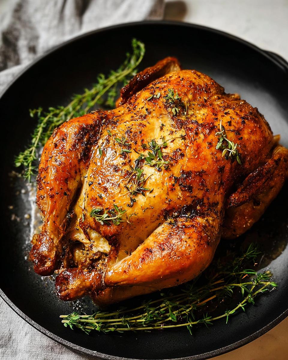 A golden-brown, perfectly roasted 5-Ingredient Chicken seasoned with herbs, presented in a black skillet.