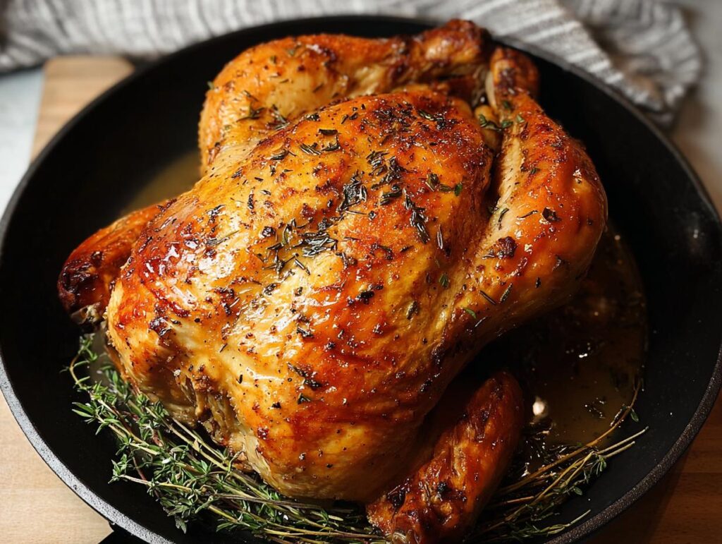 A golden-brown, juicy 5-Ingredient Chicken roasted to perfection in a cast-iron skillet with fresh thyme.