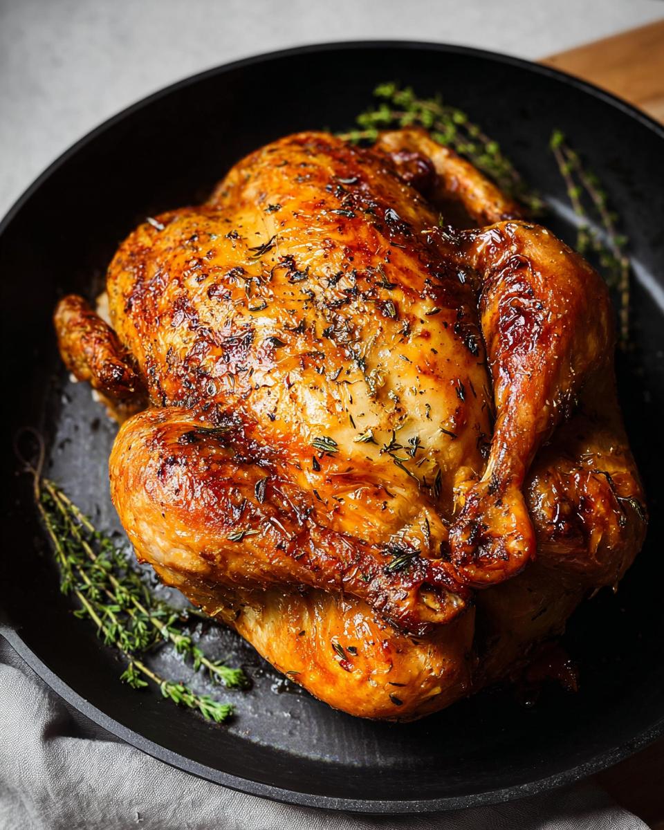A whole, golden-brown roasted 5-Ingredient Chicken seasoned with herbs, presented in a black skillet.