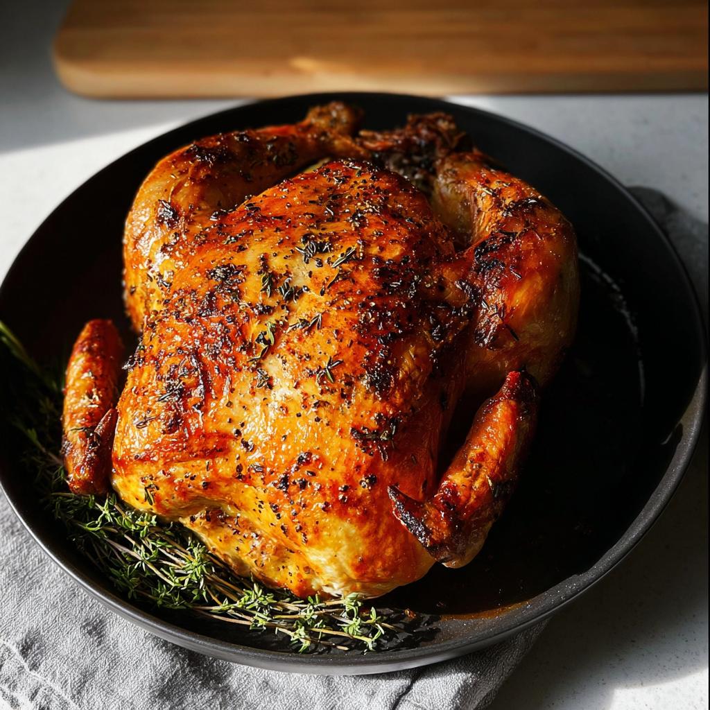 A golden-brown, herb-crusted whole roasted chicken presented on a black plate with fresh thyme.