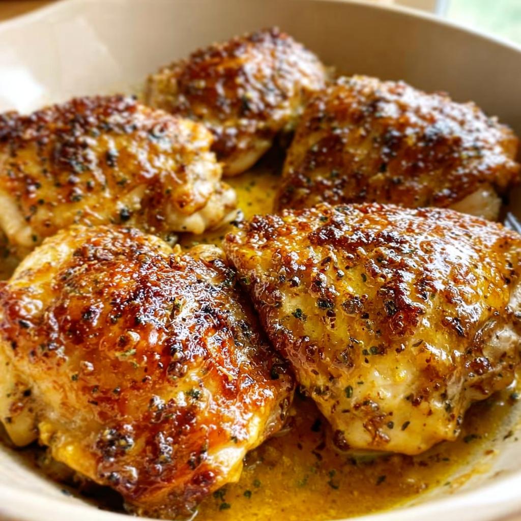 Close-up of perfectly cooked, juicy 5-ingredient chicken thighs with a golden-brown, crispy skin and herbs.