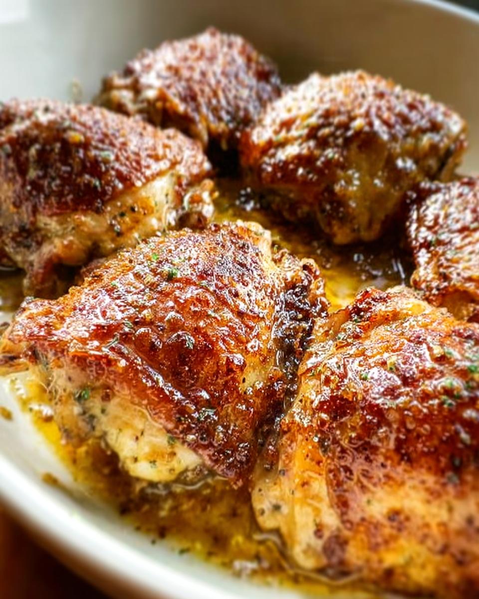 Close-up of golden-brown, juicy 5-ingredient chicken thighs baked in a white dish with sauce.