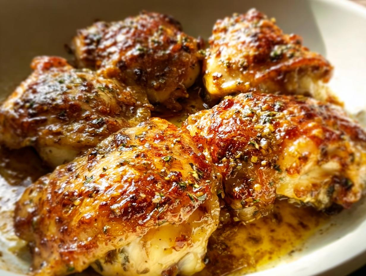 Close-up of perfectly cooked, juicy 5-ingredient chicken thighs with a golden-brown, herb-flecked crust.