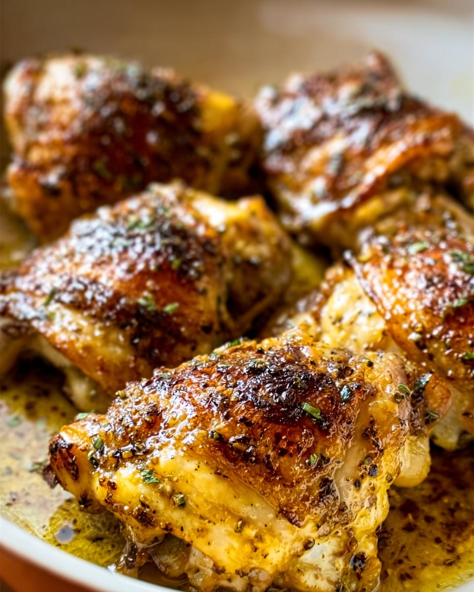 Close-up of perfectly cooked 5-ingredient chicken thighs, golden brown and glistening with herbs.