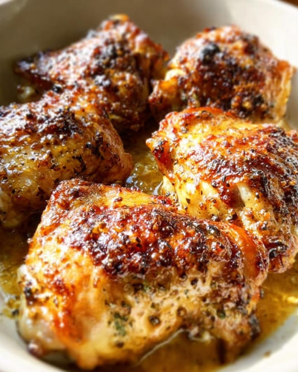 Close-up of perfectly cooked 5-ingredient chicken thighs, golden brown and glistening in a savory sauce.