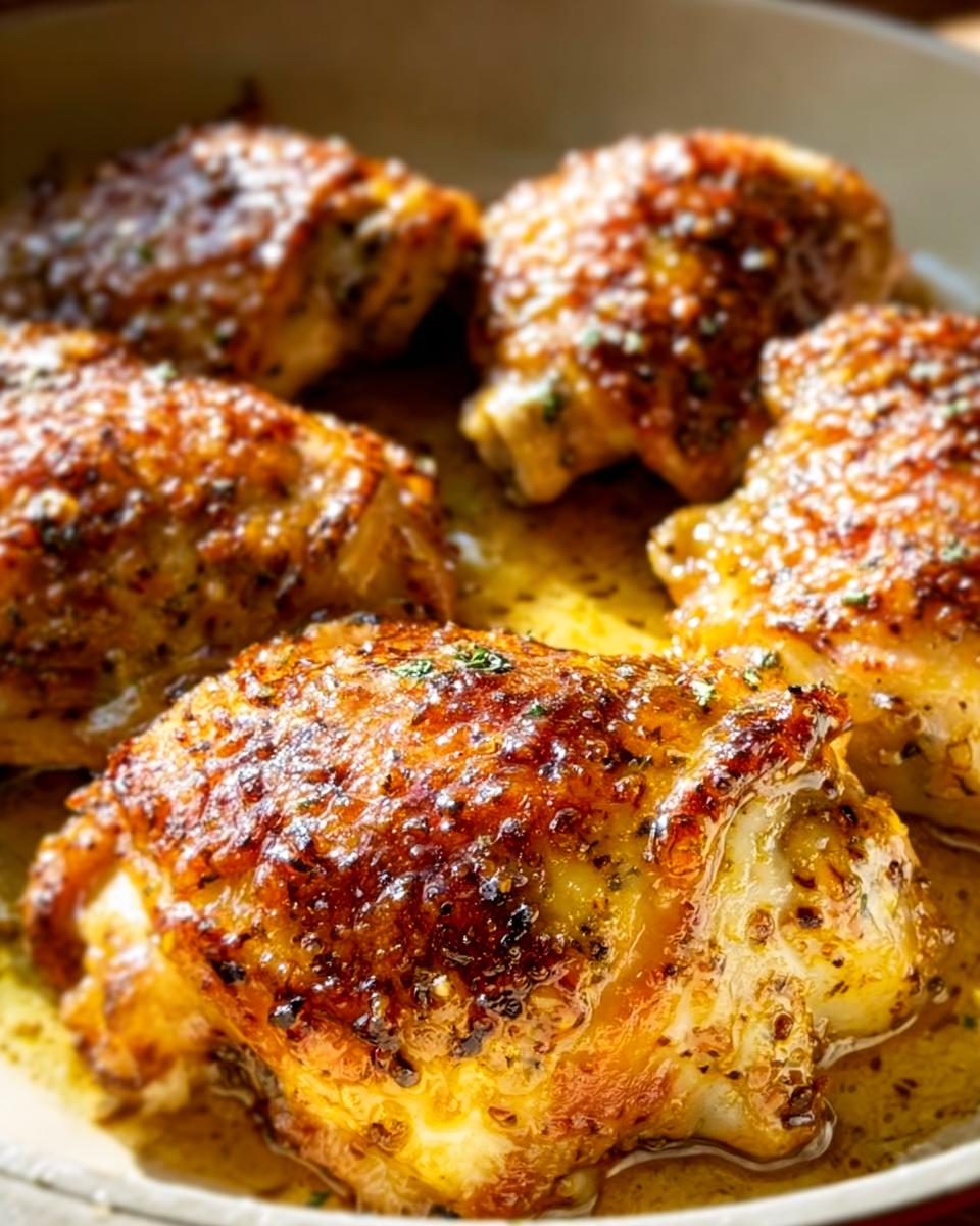 Close-up of perfectly cooked, golden-brown 5-ingredient chicken thighs in a savory sauce.