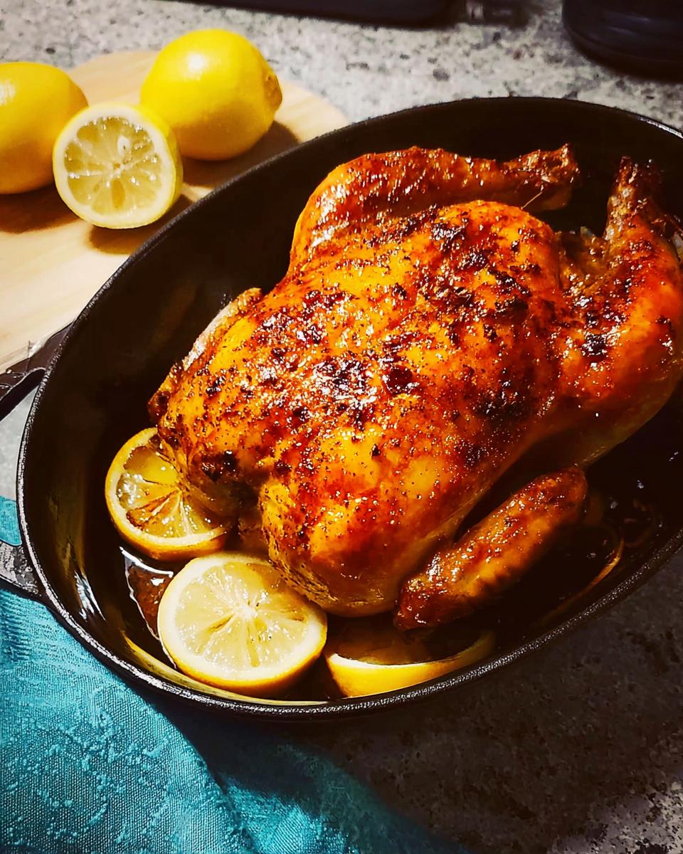 A whole roasted chicken with crispy skin, seasoned and baked with lemon slices in a cast-iron skillet. Part of 5-Ingredient Dinner Recipes.