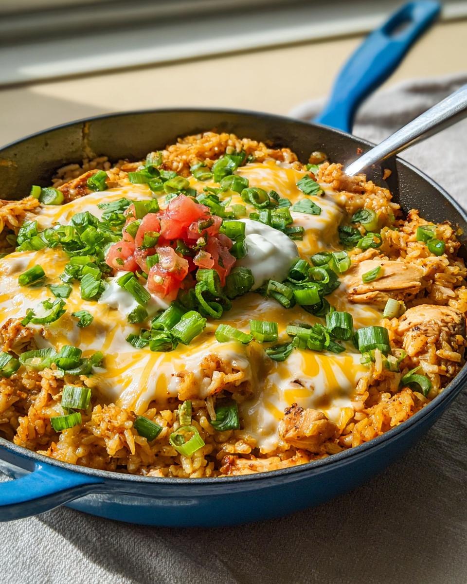 A close-up of a cheesy chicken and rice skillet, a delicious 5-ingredient dinner idea, topped with green onions and salsa.