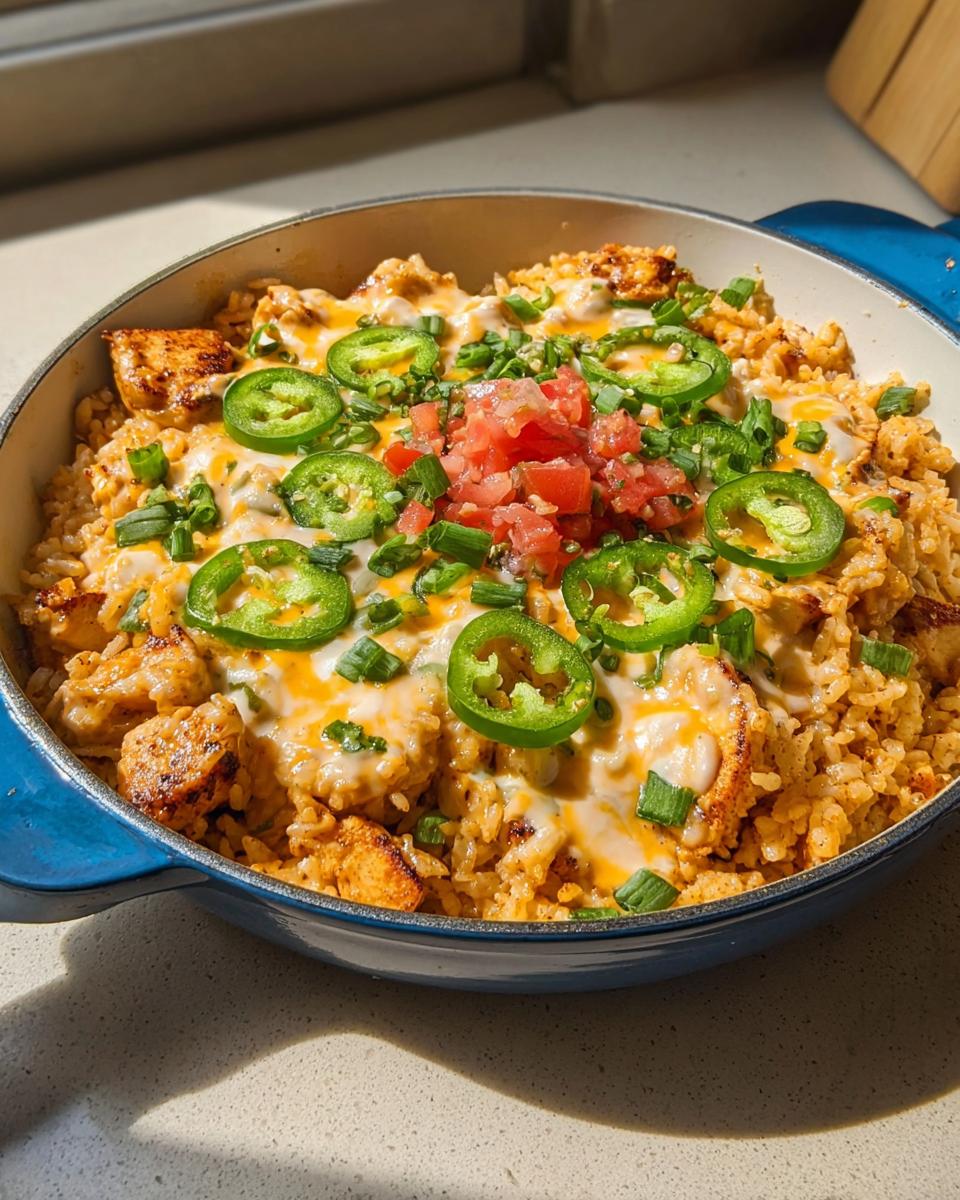 A close-up of a cheesy chicken and rice casserole, a perfect example of 5-ingredient dinner ideas, topped with jalapeños and scallions.