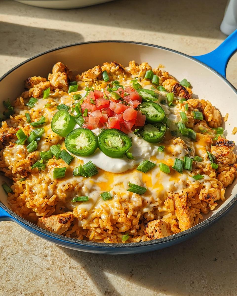 A delicious one-pan meal of cheesy chicken and rice, topped with sour cream, jalapeños, tomatoes, and green onions, perfect for 5-Ingredient Dinner Ideas.