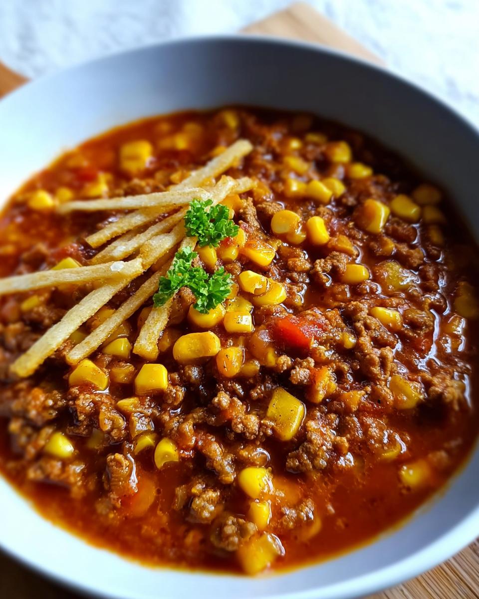 Close-up of a bowl of hearty chili with ground meat, corn, and topped with crispy tortilla strips and parsley.