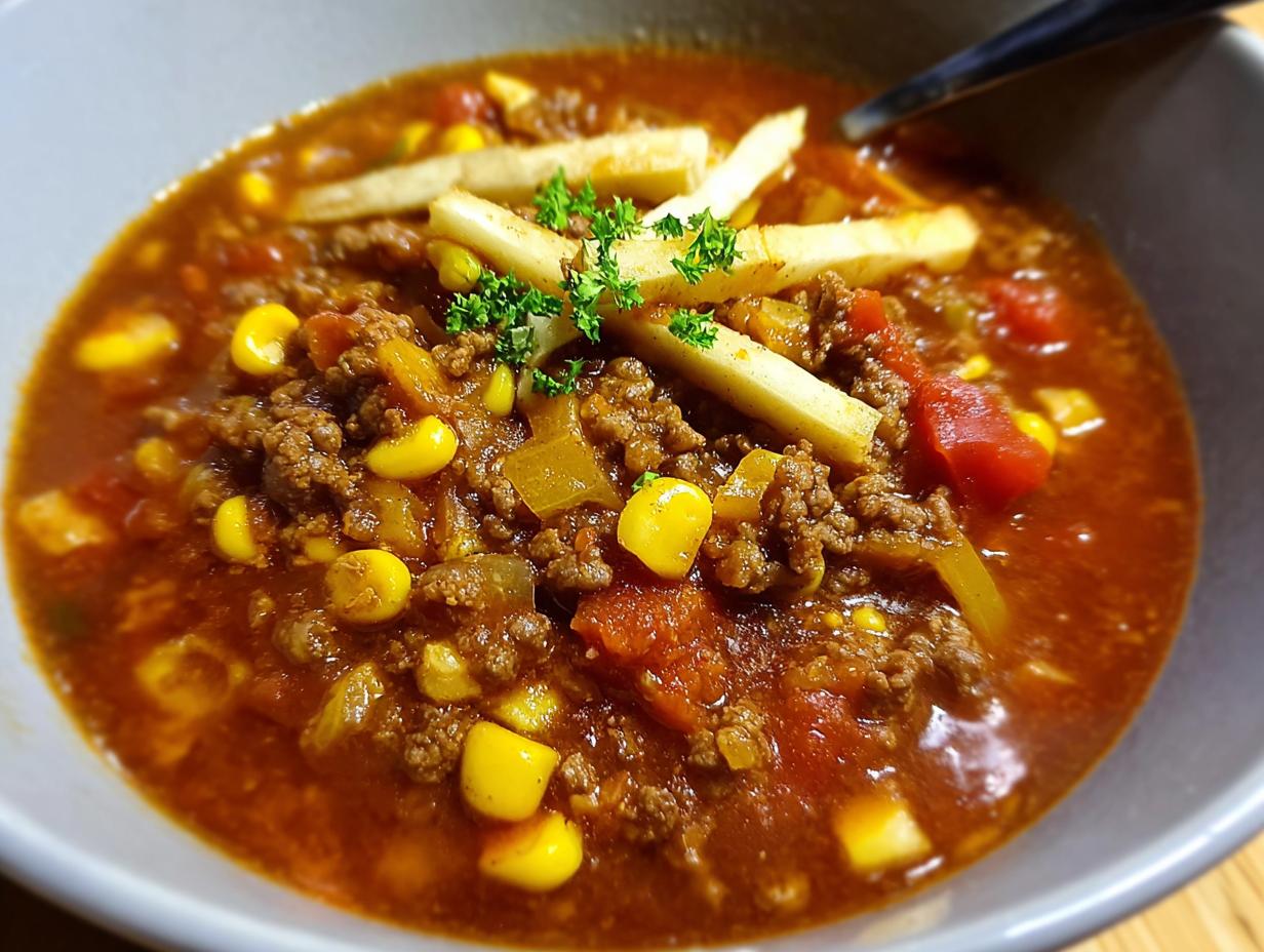 Close-up of a hearty bowl of 5-ingredient easy dinner recipe soup with ground beef, corn, tomatoes, and tortilla strips.