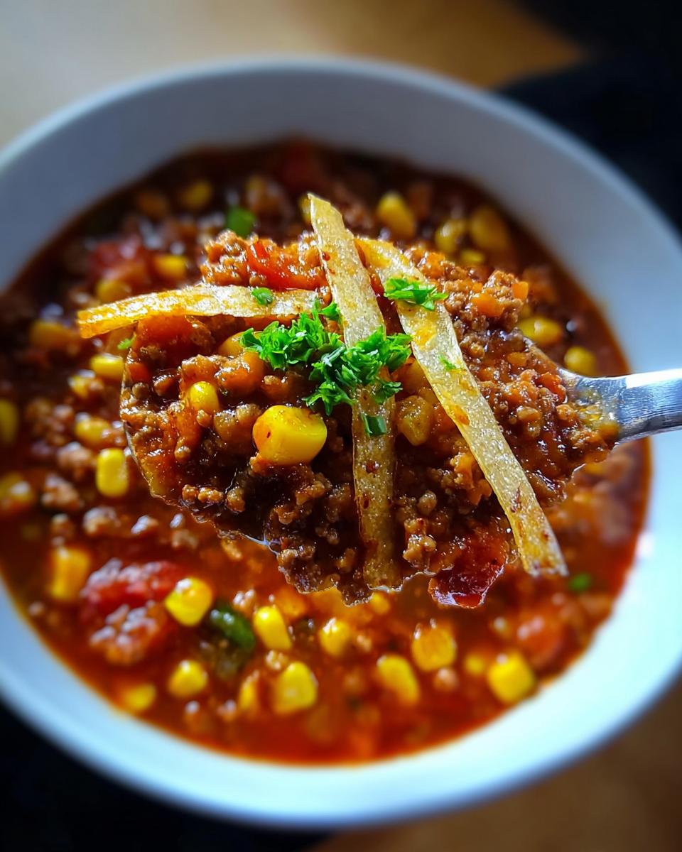 A spoonful of hearty chili with ground beef, corn, and tomatoes, topped with crispy tortilla strips and parsley. Part of 5-Ingredient Easy Dinner Recipes.