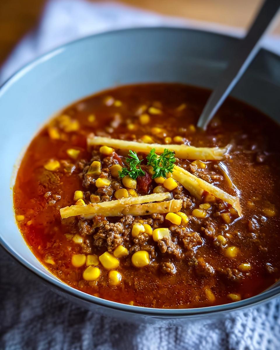 A bowl of hearty 5-ingredient easy dinner recipe chili with ground beef, corn, and garnished with cheese strips and parsley.