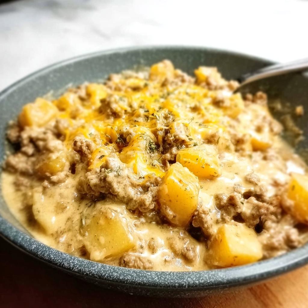 A close-up of a bowl filled with a creamy ground beef and potato casserole, topped with melted cheddar cheese and herbs.