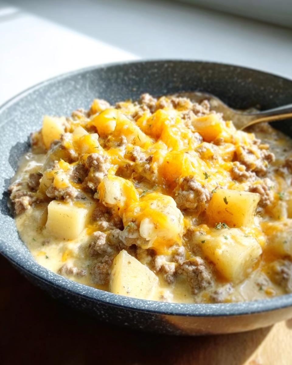 Close-up of a bowl filled with a creamy ground beef and potato casserole topped with melted cheddar cheese.