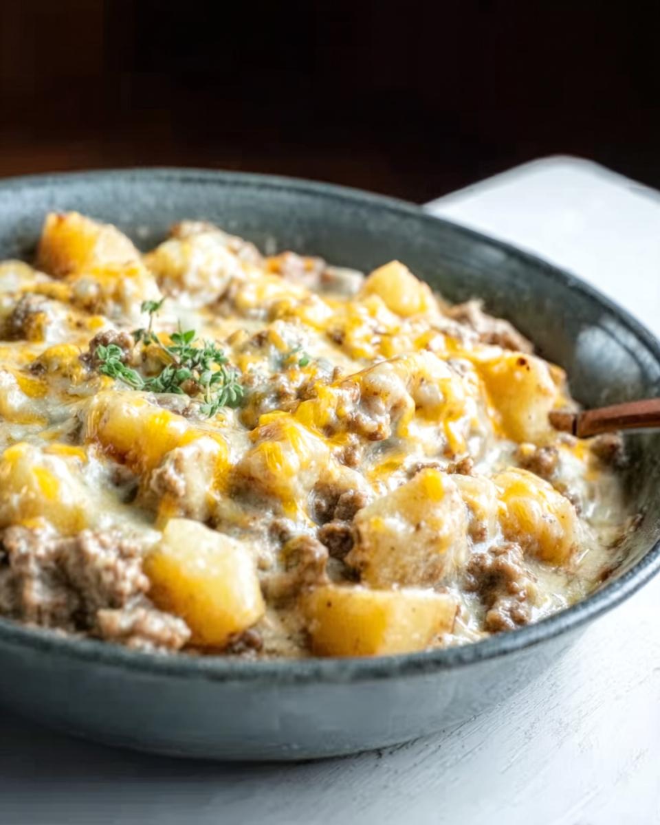 Close-up of a hearty 5-ingredient ground beef and potato casserole topped with melted cheese.