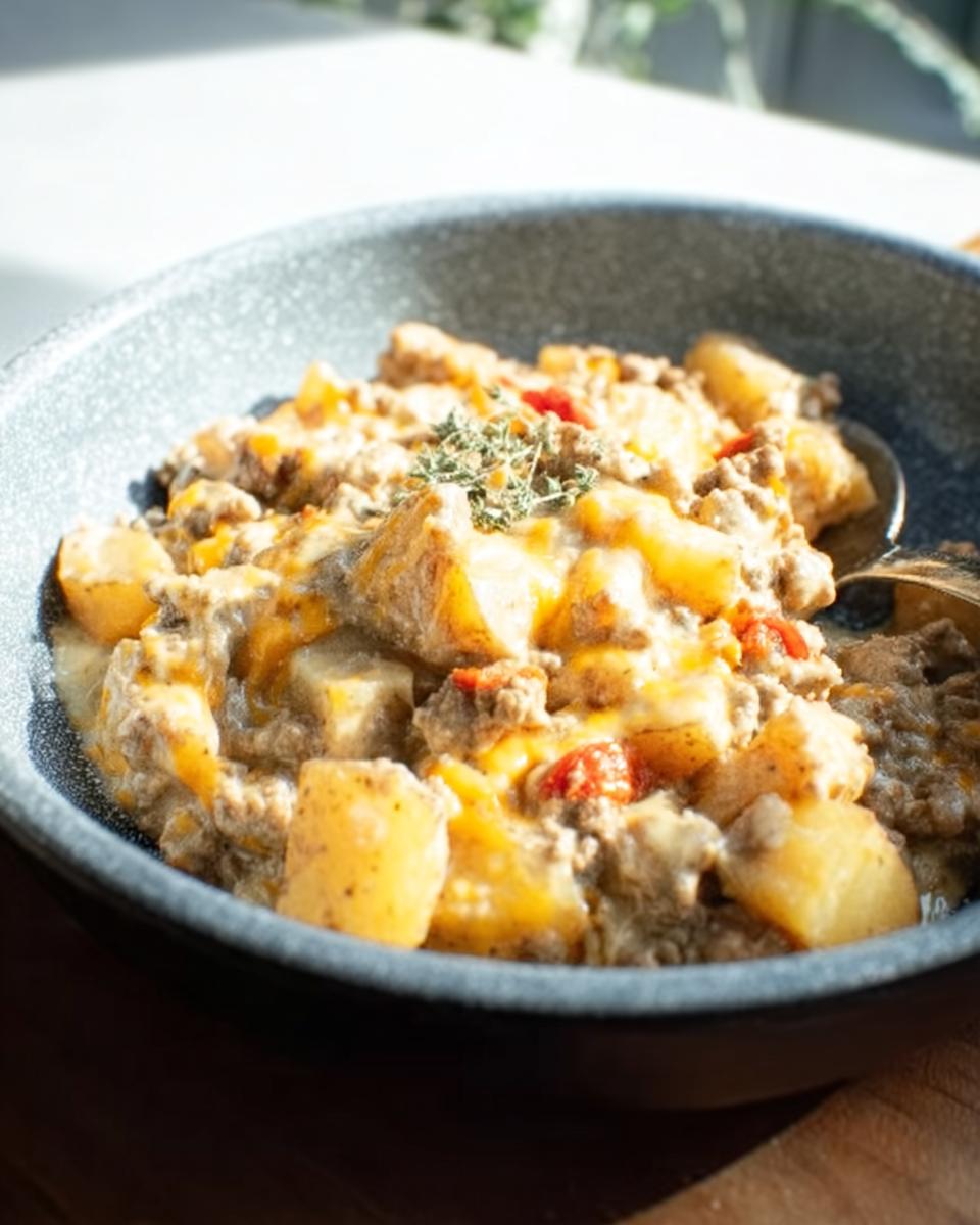 Close-up of a hearty 5-ingredient ground beef and potato casserole topped with melted cheese and fresh herbs.