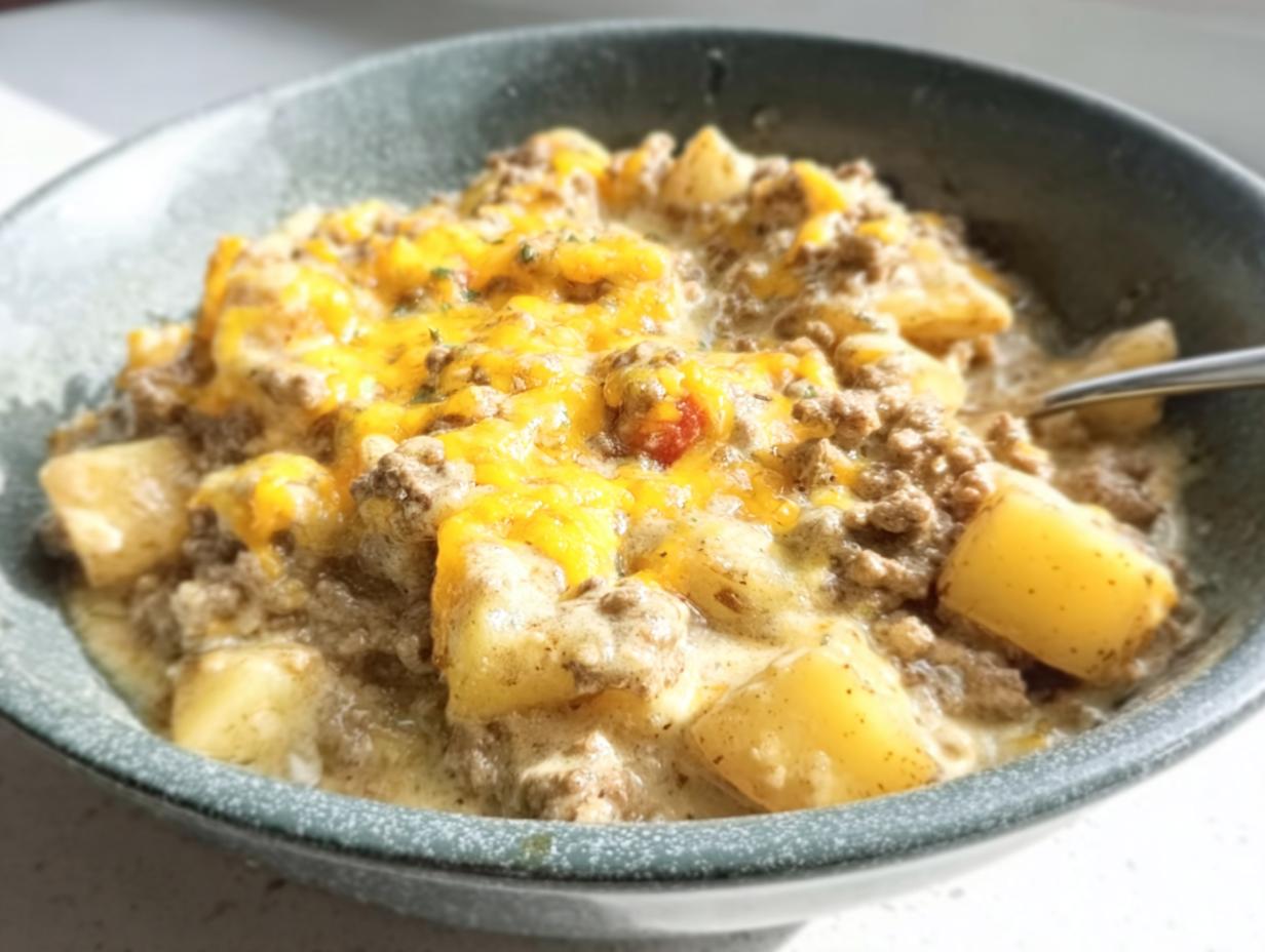 A close-up of a hearty 5-ingredient ground beef and potato casserole topped with melted cheddar cheese.