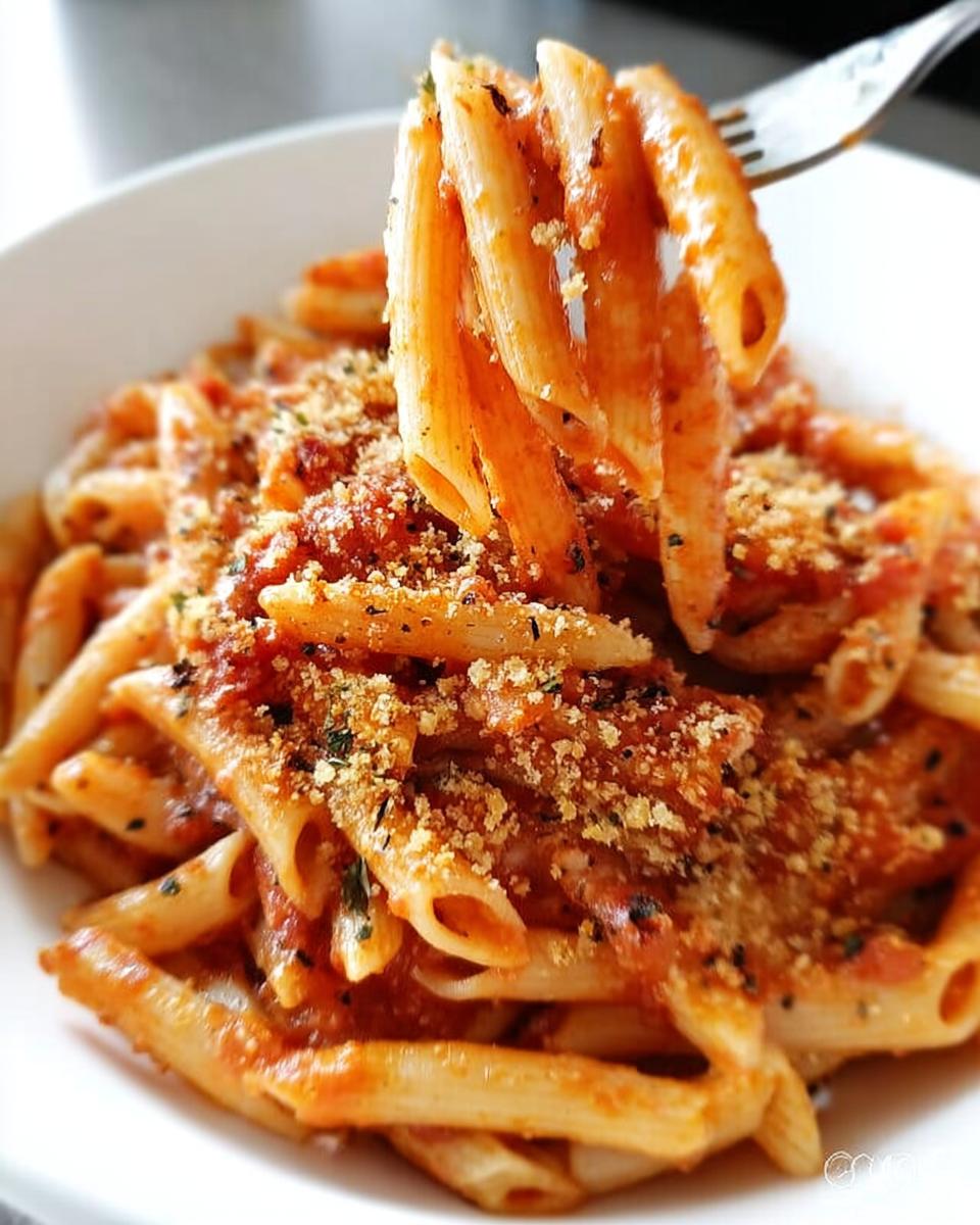 A fork lifting penne pasta coated in tomato sauce and breadcrumbs, part of a 5-Ingredient Pasta Recipes.