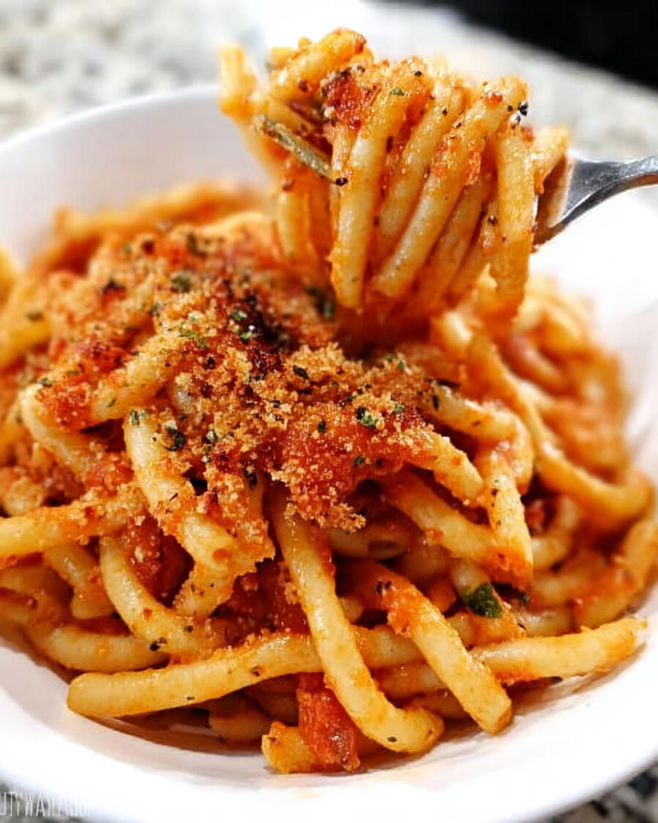 A fork twirls a portion of pasta coated in tomato sauce and topped with breadcrumbs, showcasing a simple 5-ingredient pasta recipe.