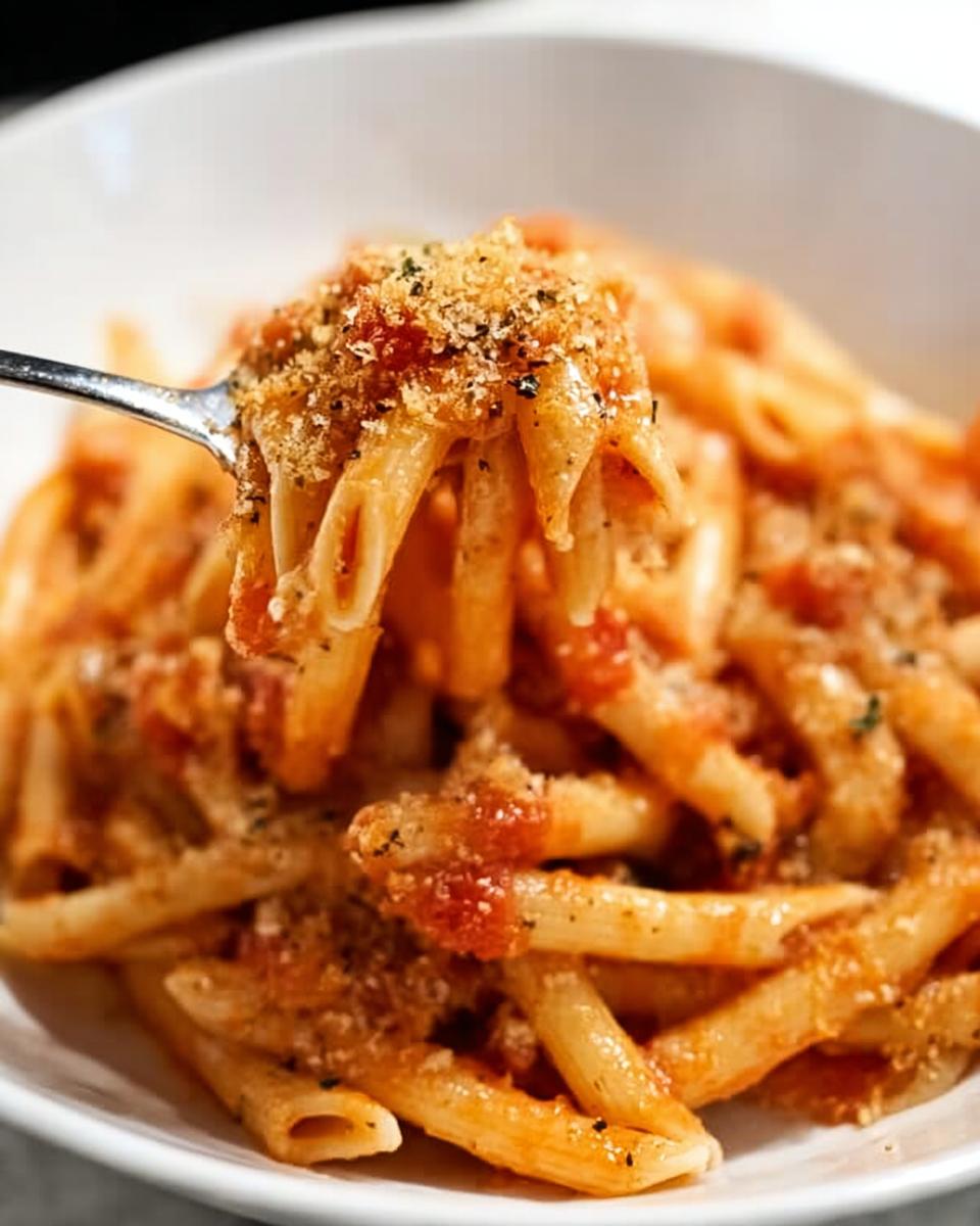 A fork lifting penne pasta coated in tomato sauce and topped with breadcrumbs, part of a 5-Ingredient Pasta Recipes article.