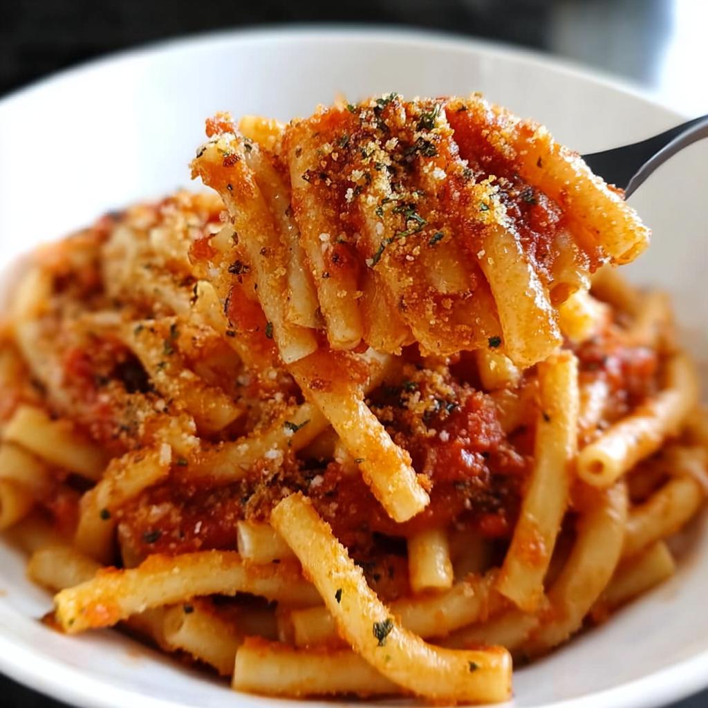 A fork lifting a portion of pasta coated in tomato sauce and breadcrumbs, part of a 5-Ingredient Pasta Recipe.