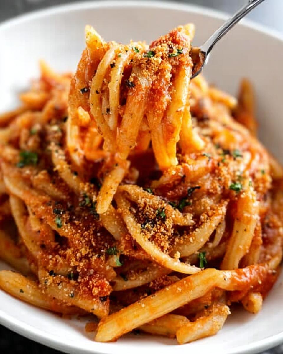 Close-up of a fork lifting a portion of 5-ingredient pasta with rich tomato sauce and toasted breadcrumbs.