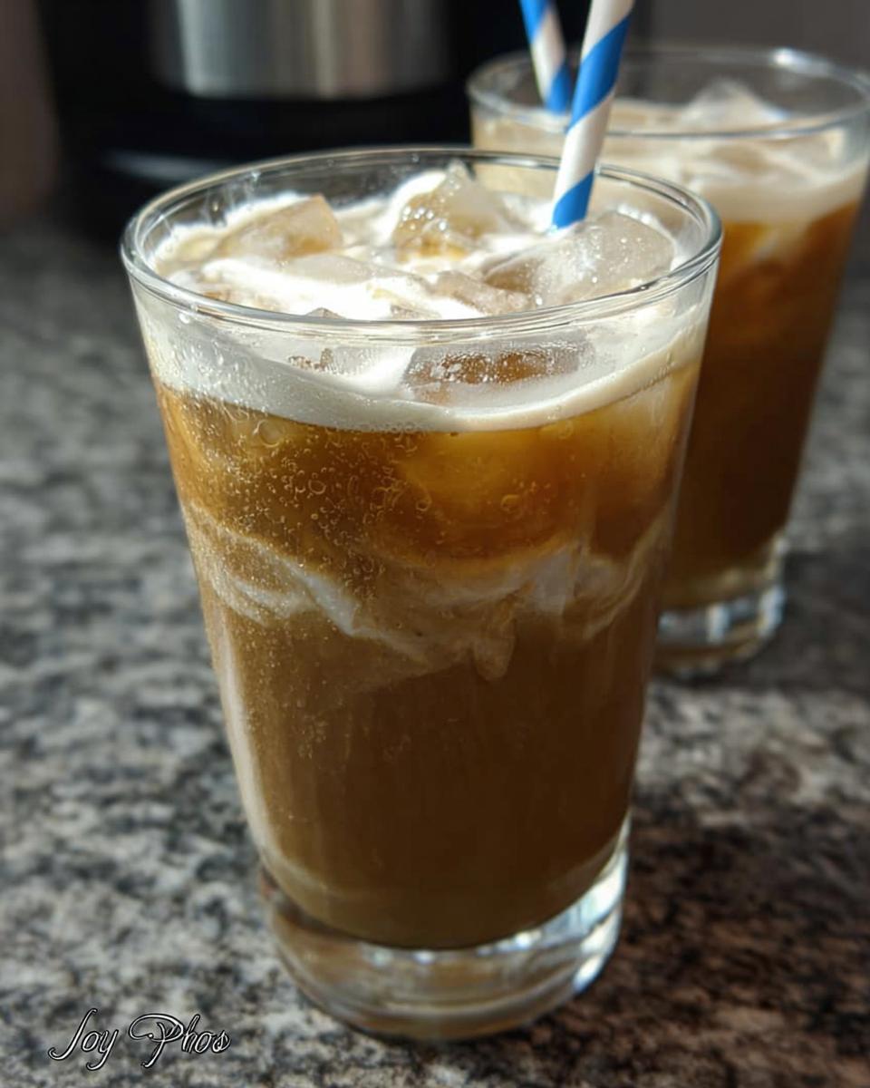 Close-up of a refreshing 5-Ingredient Starbucks Drink with ice, cream swirls, and a blue and white striped straw.