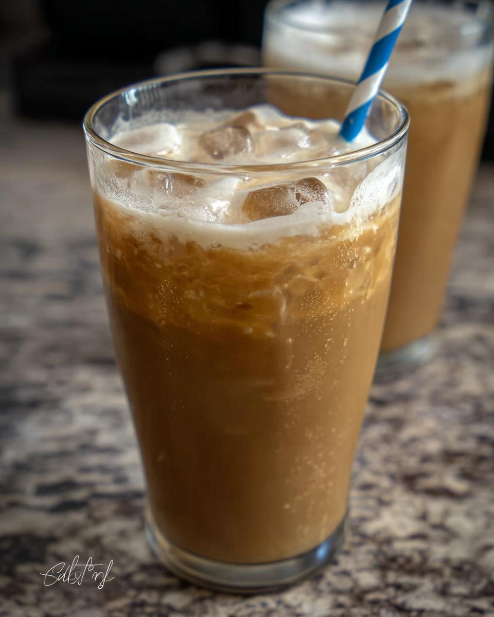 Close-up of a tall glass filled with an iced coffee drink, topped with foam and ice, featuring a blue and white striped straw. One of our 5-Ingredient Starbucks Drinks.