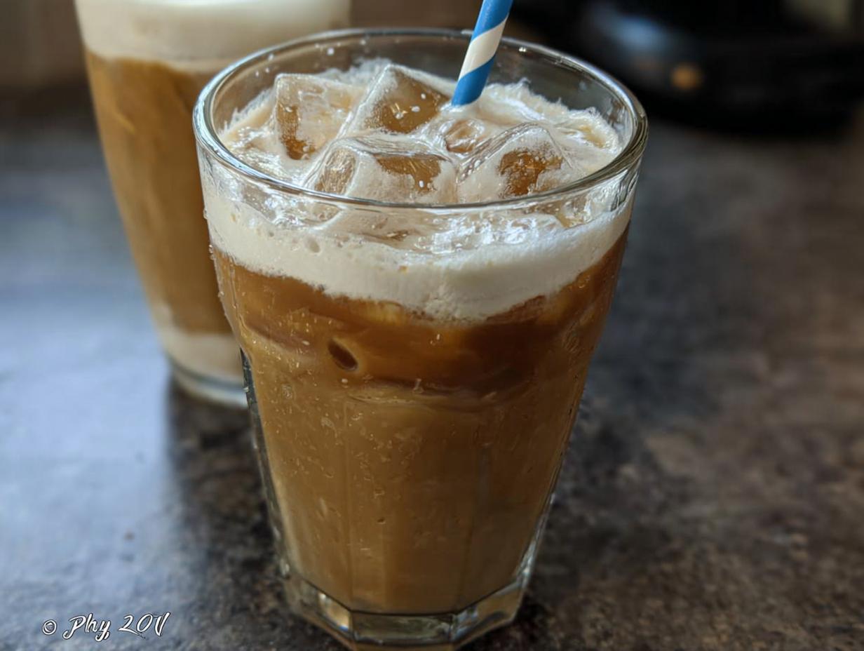 Close-up of a 5-Ingredient Starbucks Drink with ice, coffee, and a layer of cream on top, with a blue and white striped straw.