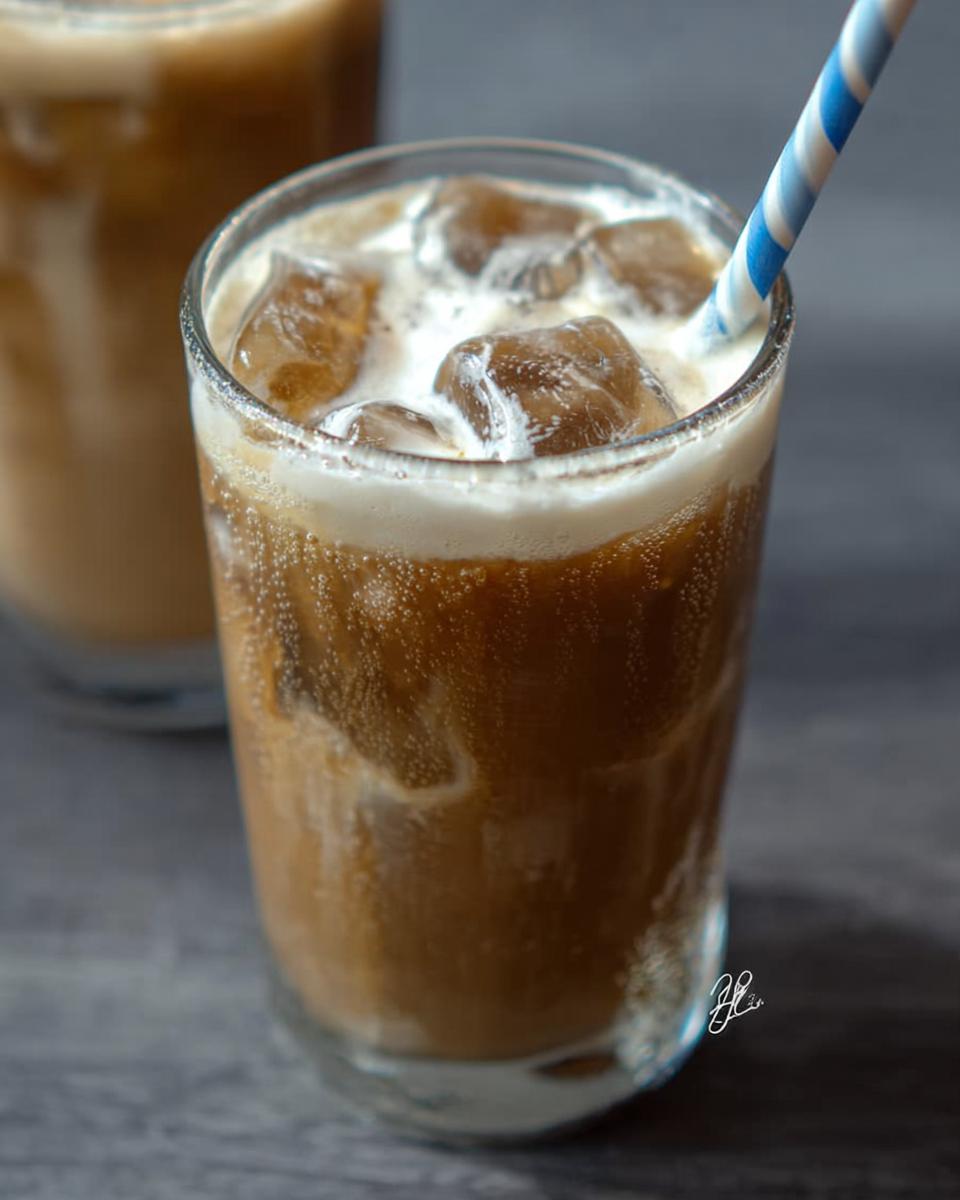 Close-up of a refreshing 5-ingredient Starbucks drink with ice and a blue and white striped straw.