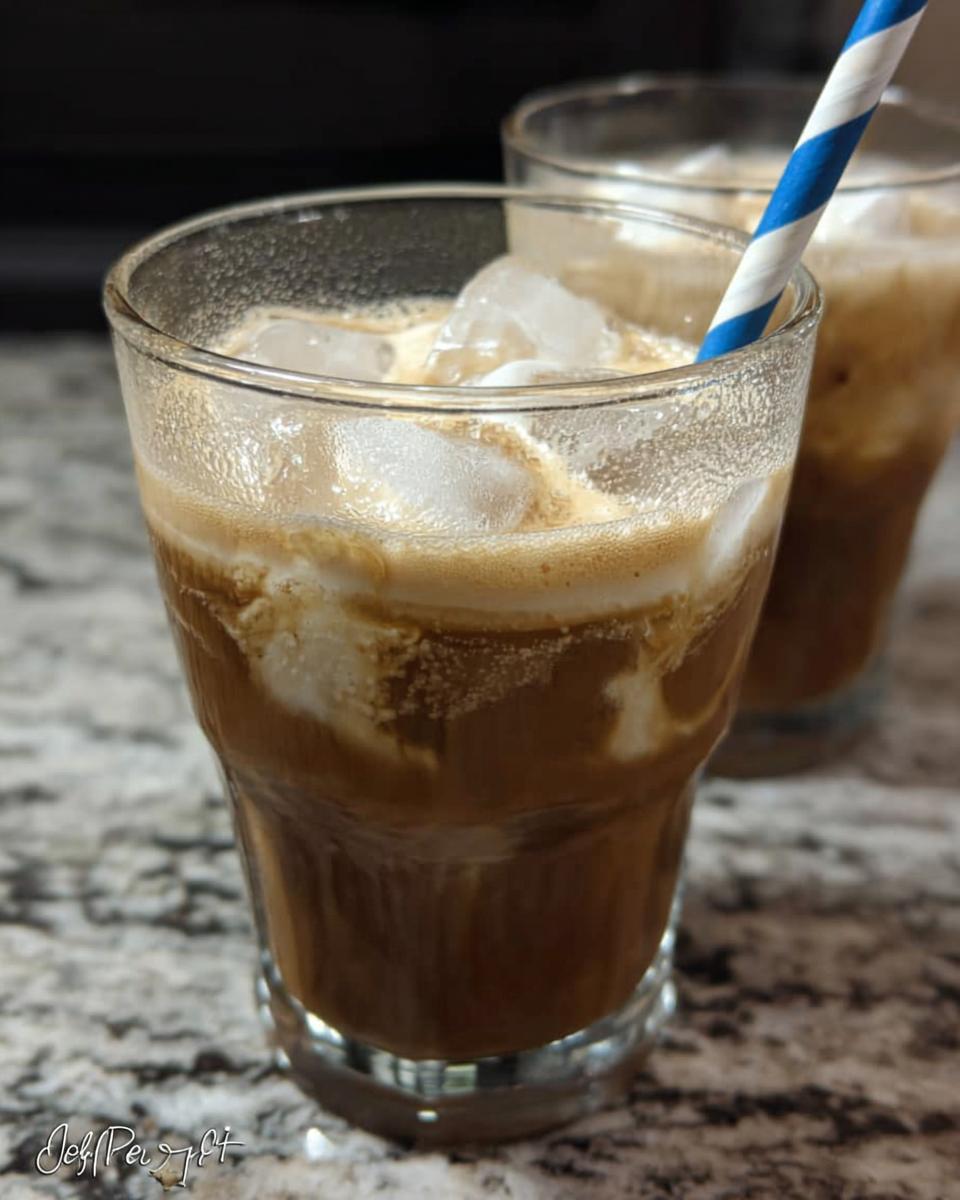 Close-up of a refreshing iced coffee drink with cream swirls and a blue and white striped straw, part of our 5-Ingredient Starbucks Drinks.